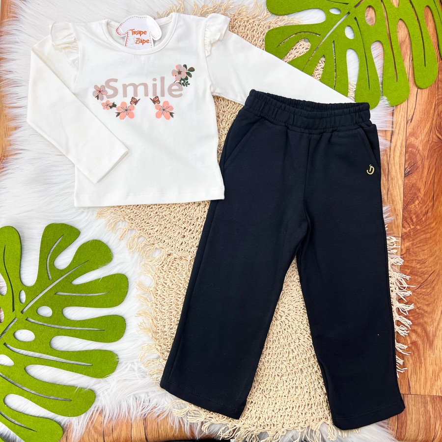 Conj. Blusa Manga Longa Smile e Calça de Moletom- Off White e Preto